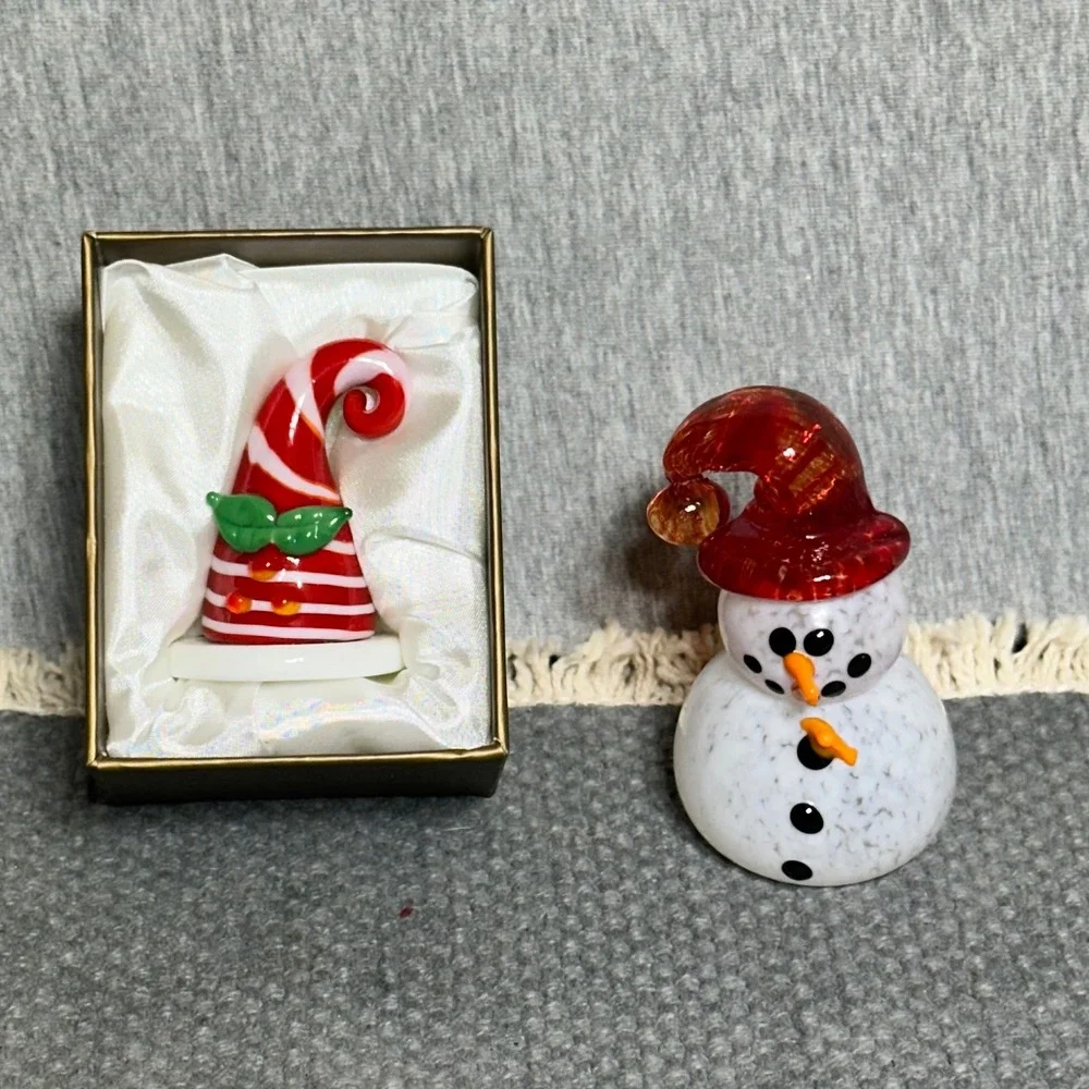 Handcrafted Glass Santa Hat and Snowman Figurine Set Holiday Decor Red White